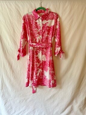 Lily Inspired Pink Toile Shirt Dress with Tie Waist